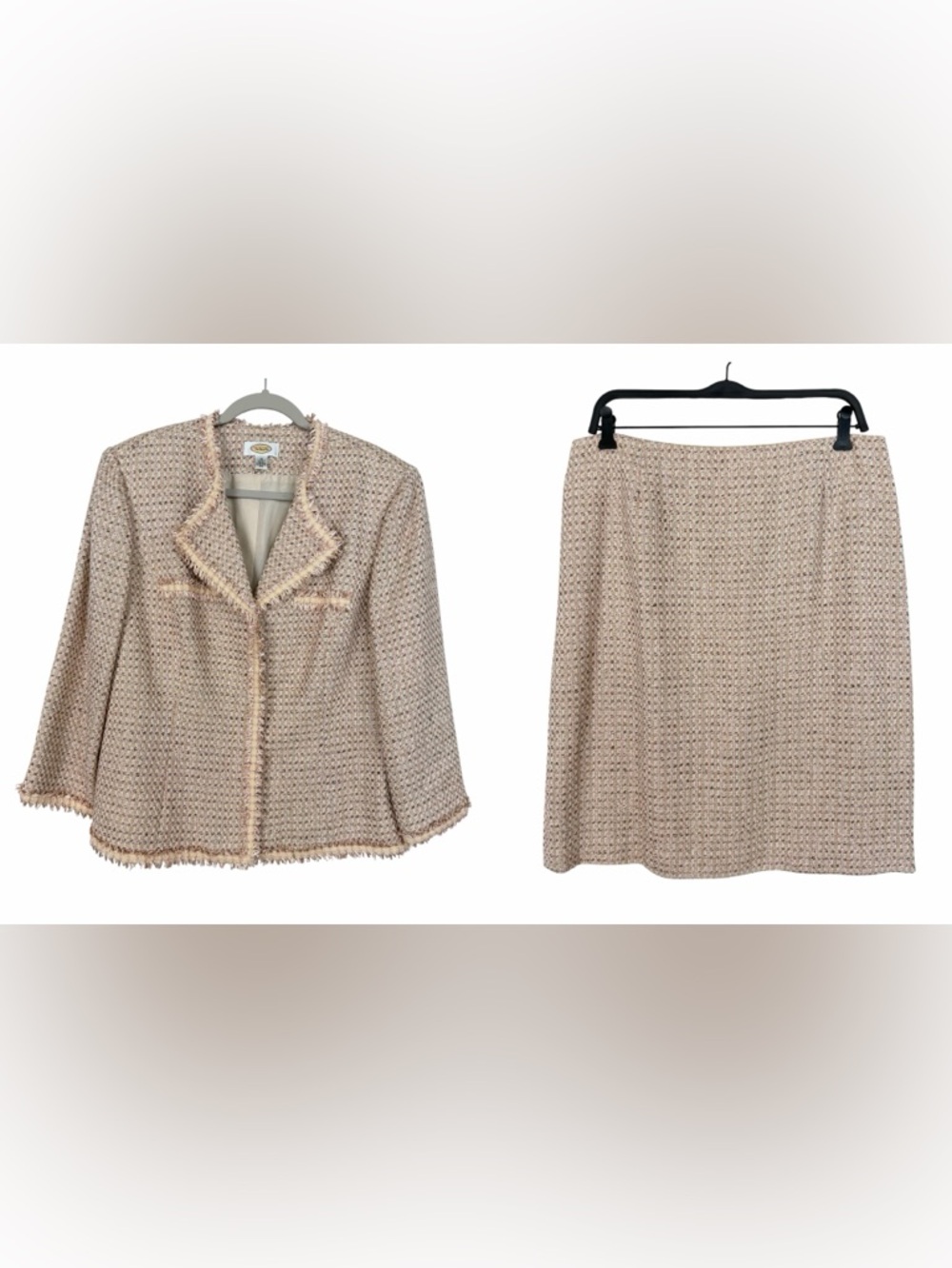 Vintage Talbots Tweed Suit Pink Fringe Skirt & Jacket Spring Size 16